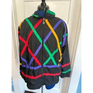 VTG 80s Black with Colorful Stripes Zip Warm Nylon Windbreaker - MD